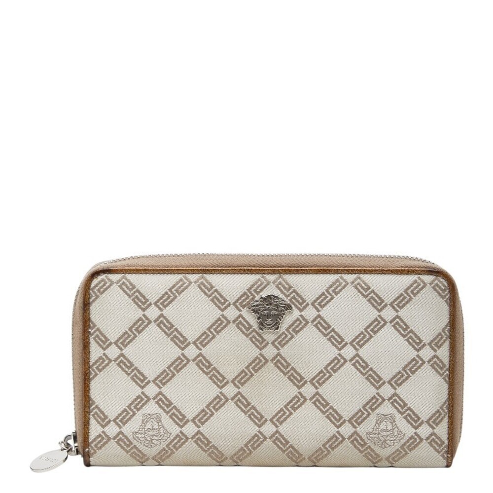 Versace Round Zip Long Wallet, Beige Canvas Leather, Women's